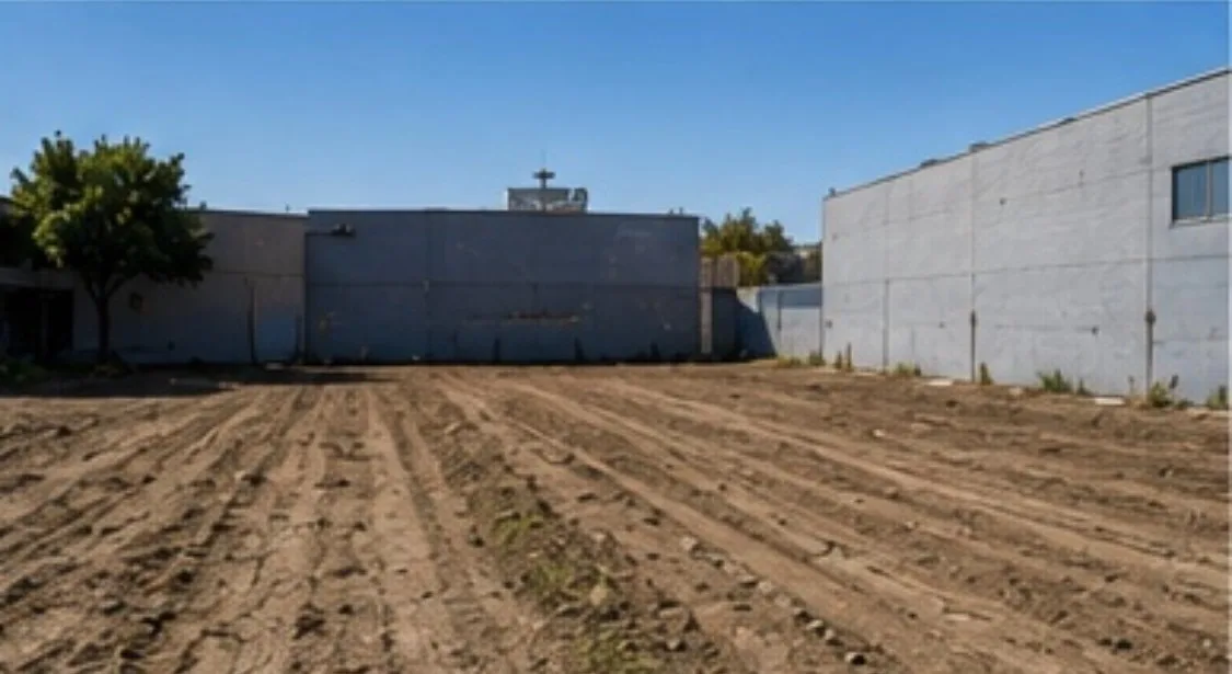 A vacant dirt lot with evenly spaced furrows, bordered by two gray buildings and a tree on the left, under a clear blue sky.