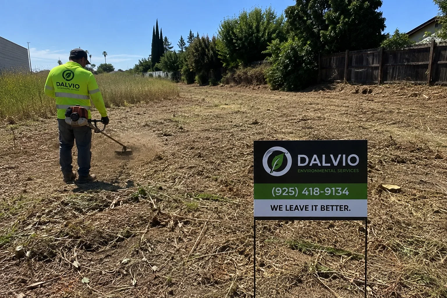 A worker uses a weed trimmer in a cleared field. In the foreground, a sign reads DALVIO Environmental Services: (925) 418-9134. We Leave It Better. Trees and fences line the area under a sunny sky.