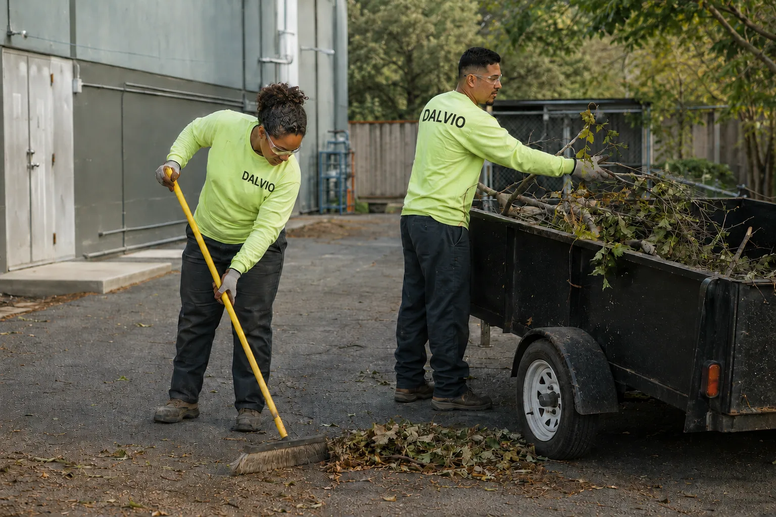 Two people wearing matching yellow DALVIO shirts clean up leaves; one sweeps the ground with a broom while the other loads branches and leaves into a black trailer. They work outdoors near a building and fence.