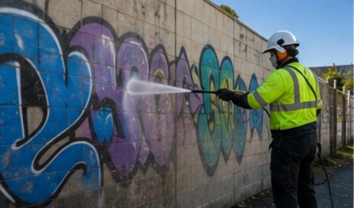 A person in safety gear uses a high-pressure hose to clean graffiti off a concrete wall outside, with colorful spray-painted designs visible.