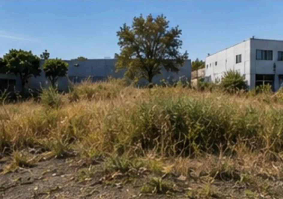 Overgrown weeds and tall grass fill an empty lot with two modern, white buildings and a few trees in the background under a clear blue sky.