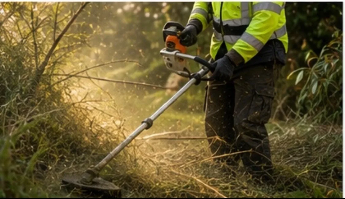 A person in a reflective jacket and gloves uses a string trimmer to cut tall grass and weeds outdoors, with sunlight streaming through the background.